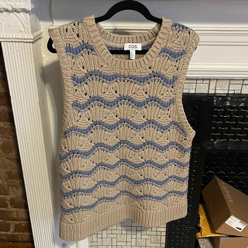 COS Sleeveless Knit Sweater Vest in Beige with Blue Trim